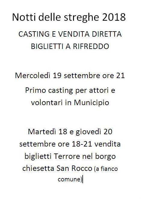 Dal 18 al 20 settembre CASTING E VENDITA DIRETTA dei BIGLIETTI A RIFREDDO